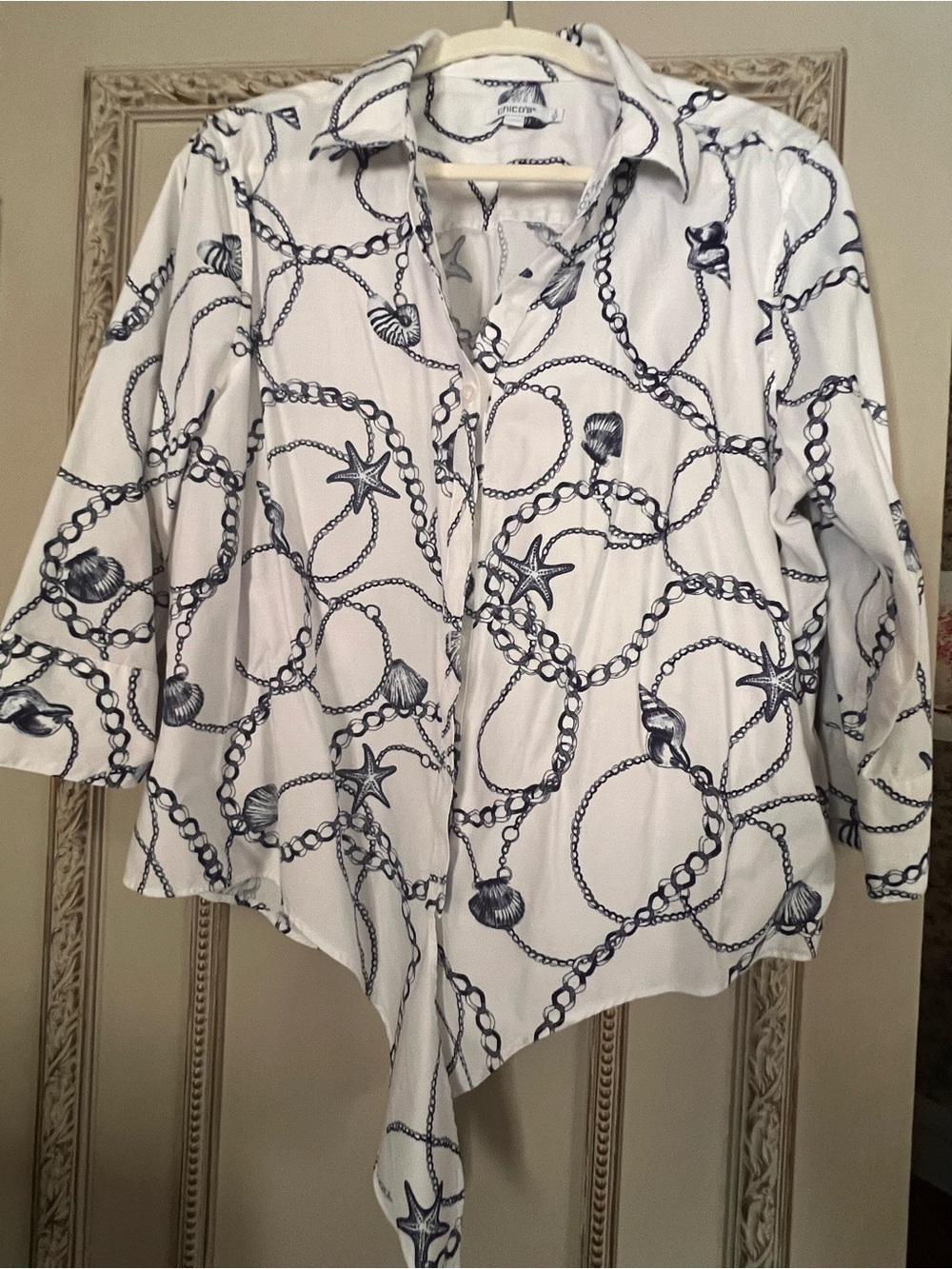 Chico’s Nautical Tie Front Blouse White Blue Shell Print Size 3 (XL)